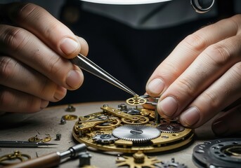 A watchmaker meticulously assembling a mechanical watch movement with tweezers, highlighting the intricate gears and precision