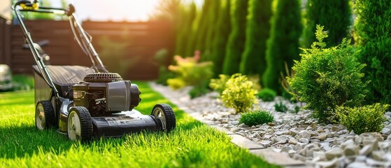 Fototapeta premium A lawn mower sits on vibrant green grass next to a landscaped garden with bushes, stones, and sunlight streaming through trees