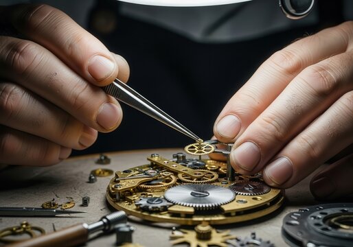 A watchmaker meticulously assembling a mechanical watch movement with tweezers, highlighting the intricate gears and precision