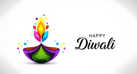 Happy diwali greeting with a colorful, abstract diya illustration and calligraphy text, isolated on white background, celebrating the festival of lights