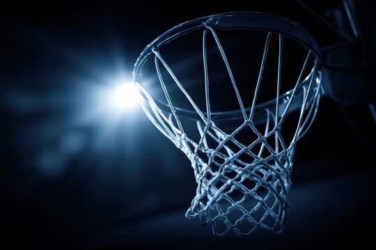 A close-up of a basketball hoop and net under dramatic lighting, emphasizing the rim and net against a dark background