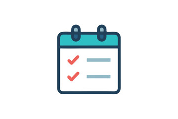 Flat icon of a calendar with a checklist and two completed tasks marked with red checkmarks on a red background
