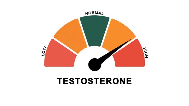 Animated testosterone level meter increasing from normal to high level for concepts related to high testosterone, hormone imbalance and men&rsquo;s health