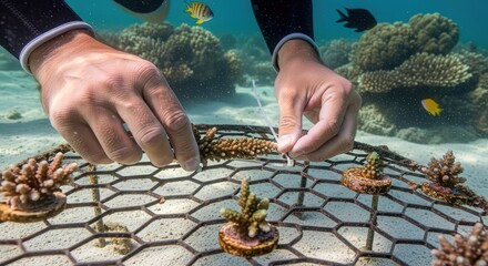 Underwater view of hands planting coral fragments onto a mesh structure to restore a reef ecosystem