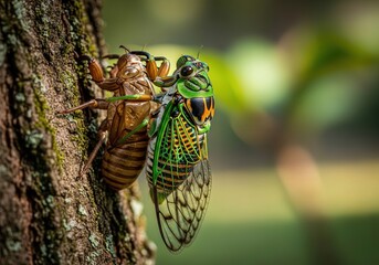 A vibrant green cicada clinging to a tree trunk, its shed exoskeleton still attached, showcasing its life cycle