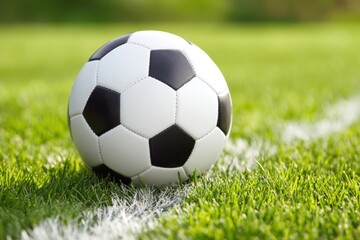 Fototapeta premium A classic black and white soccer ball resting on a green grass field near a white boundary line