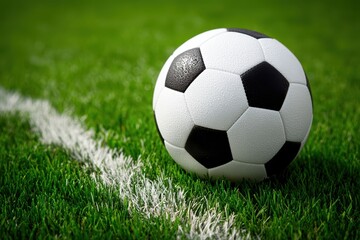 Obraz premium A classic black and white soccer ball rests on green grass near a white boundary line on a sunny outdoor field