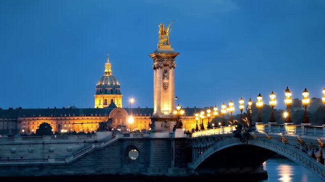 Paris, France. A nighttime cityscape with a prominent statue of a winged figure on a pedestal. The sky is a deep blue.