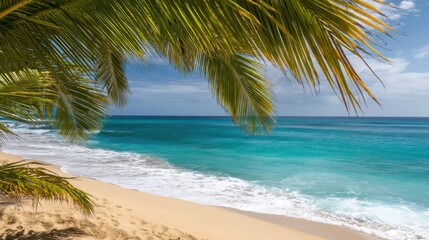A tropical beach with clear blue water, golden sand, and palm tree leaves framing the view under a bright sky