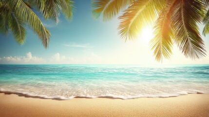 Fototapeta premium Sunny tropical beach with palm trees, clear turquoise water, and gentle waves under a bright blue sky