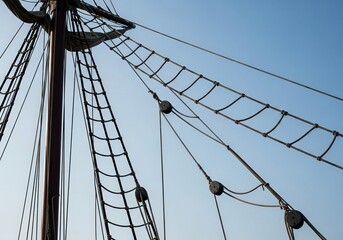Closeup of a sailing ships mast and rigging against a clear blue sky, highlighting the intricate network of ropes and lines