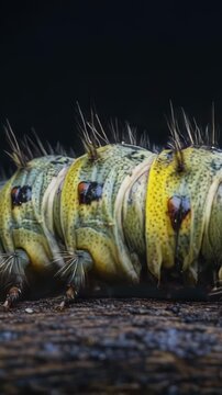 A close-up view of a caterpillar sitting on a tree branch, preparing to pupate