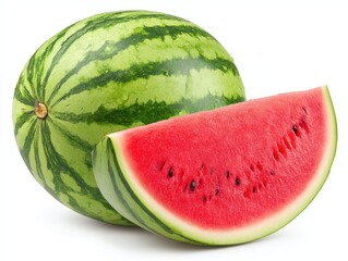 A whole watermelon with a green striped rind and a juicy red slice showing black seeds, isolated on a white background