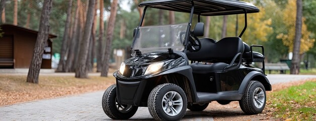 Black golf cart on winding dirt path surrounded by green pine trees in a tranquil forest setting during daylight
