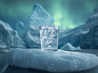 A cinematic photo of a crystal clear glass of water with ice cubes on a block of ice in a snowy landscape.