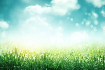 Obraz premium Bright green grass under a blue sky with soft clouds and sunlight, creating a fresh, serene, and natural outdoor scene
