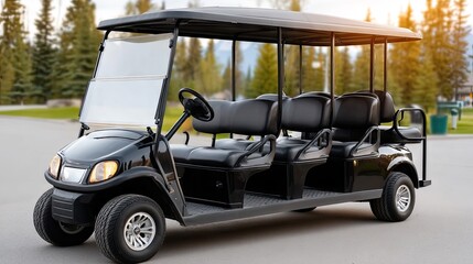 Black golf cart on winding dirt path surrounded by green pine trees in a tranquil forest setting during daylight