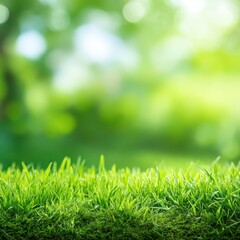 Obraz premium Fresh green grass with a blurred, sunlit natural background, evoking a sense of freshness and tranquility