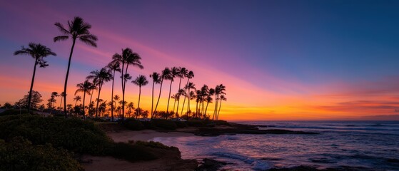 Obraz premium Palm trees silhouette against a vibrant sunset sky over a tranquil beach with gentle ocean waves