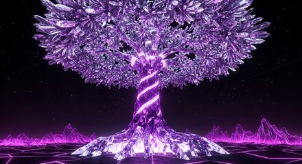 Mystic crystal tree emerging from a neon landscape. Perfect for fantasy, science fiction concepts, or metaverse marketing. Also suitable for spiritual or futuristic designs.