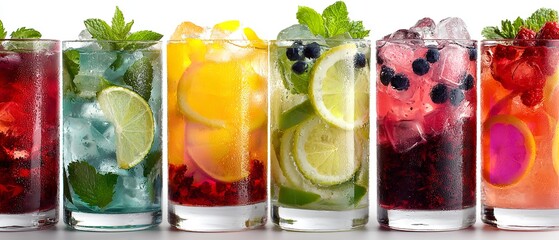 Colorful refreshing drinks in tall glasses arranged on right side against white background, with lemon slices, fruit purees, ice cubes, and vibrant garnishes for summer events