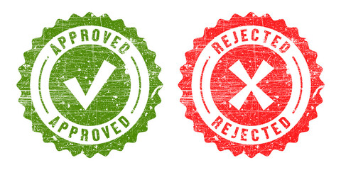 Approved and rejected grunge stamps with tick and cross, isolated on transparent background, for decision making