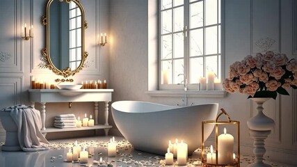 Elegant white bathroom interior with romantic atmosphere, burning candles and rose petals. Generative AI,