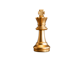 Golden Chess King Piece on Chessboard with Focused Spotlight, Front View, Isolated on Transparent Background