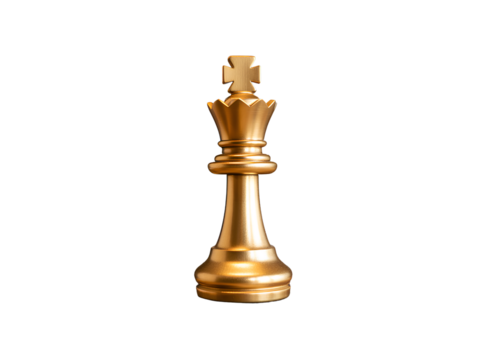 Golden Chess King Piece on Chessboard with Focused Spotlight, Front View, Isolated on Transparent Background