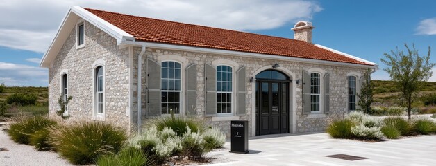 Obraz premium Charming stone building under bright blue sky, showcasing elegant architecture and serene landscaping in a peaceful outdoor setting