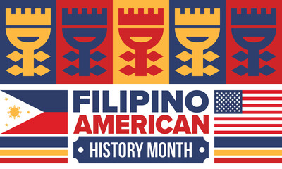 Filipino American History Month. Happy holiday celebrate annual in October. Filipinos and United States flag. Culture month. Patriotic design. Poster, card, banner, template. Vector illustration