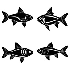 Fototapeta premium Four black and white stylized fish swimming in different directions on a white background design element