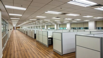 Long Row of Cubicles in a Modern Brightly Lit Office Space