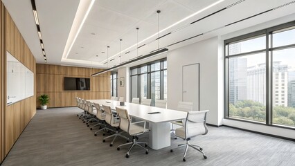 Fototapeta premium Bright and Modern Conference Room with Large Windows and White Table