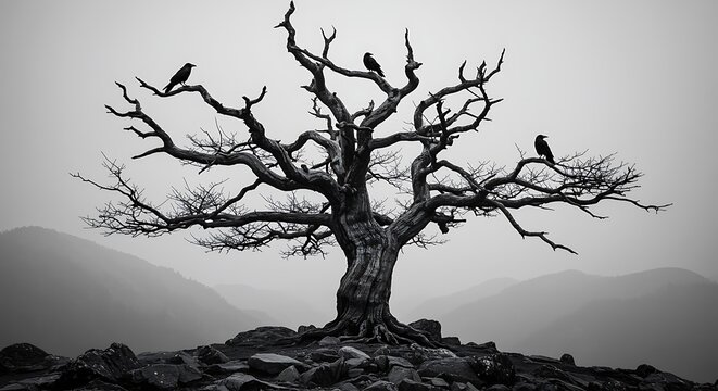 Stark dead tree with crows on branches black and white