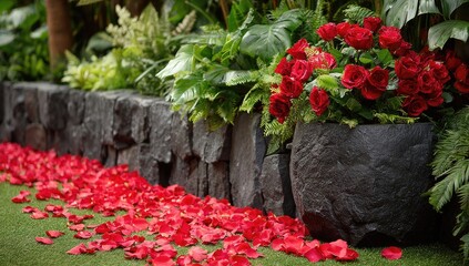 Red rose petals scattered on a grassy path, bordered by dark stone wall and lush greenery