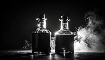 Mysterious Bottles with Smoke and Dark Liquid on a Black Background