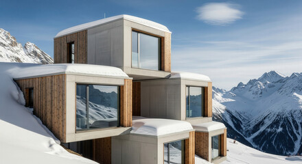 A modern modular alpine hotel of concrete and wood in a snowy mountain landscape.