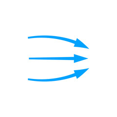 Three blue arrows displaying motion and direction. one is straight, and two curve upward and downward.