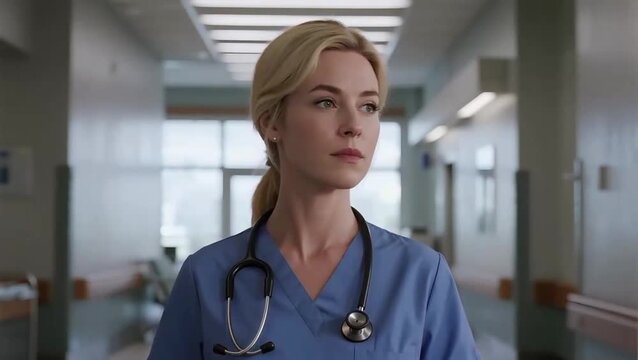 Primer plano de una Doctora  rubia con una expresión de empatía y calma