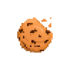 Fototapeta premium Pixelated cookie icon with distinct chocolate chips and a missing chunk, designed in a mosaic style.