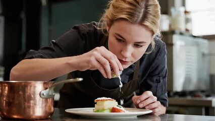 primer plano de una chef rubia con una mirada de feroz concentración