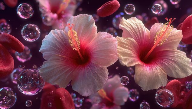 Two hibiscus flowers, pink and white, amongst bubbles and red shapes