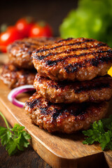 Juicy grilled burger patties stacked high ready for delicious summer barbecue feast