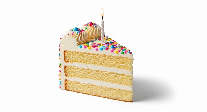 Slice of Celebration: A delectable slice of birthday cake, adorned with colorful sprinkles and a single, lit candle, ready to mark a special occasion and sweeten the moment.