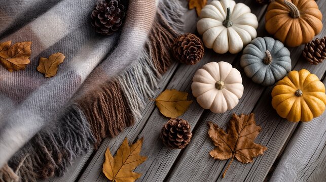 Top view of assorted small pumpkins, fall leaves, pinecones, and a cozy plaid scarf styled on a wooden floor, perfect fall aesthetic for social media or blog banner