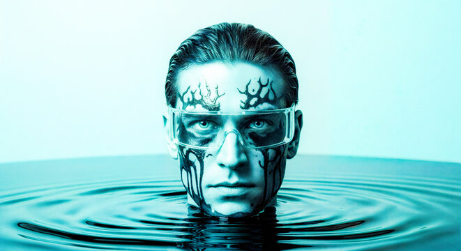 minimal fashion face model man water liquid