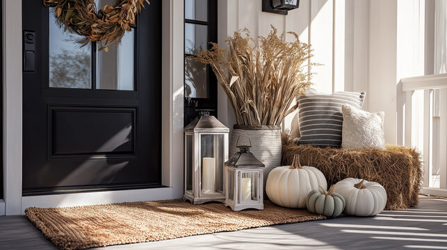 Modern farmhouse porch with fall decor featuring pumpkins and wheat wreath - Powered by Adobe