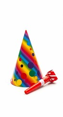 Festive Birthday Celebration: A vibrantly colored party hat and a cheerful party favor resting on a surface. A celebration of joy and anticipation, ready to mark a special occasion!