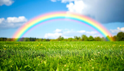 Naklejka premium 草原に架かる鮮やかな虹。レインボー。A vibrant rainbow over the grassland.